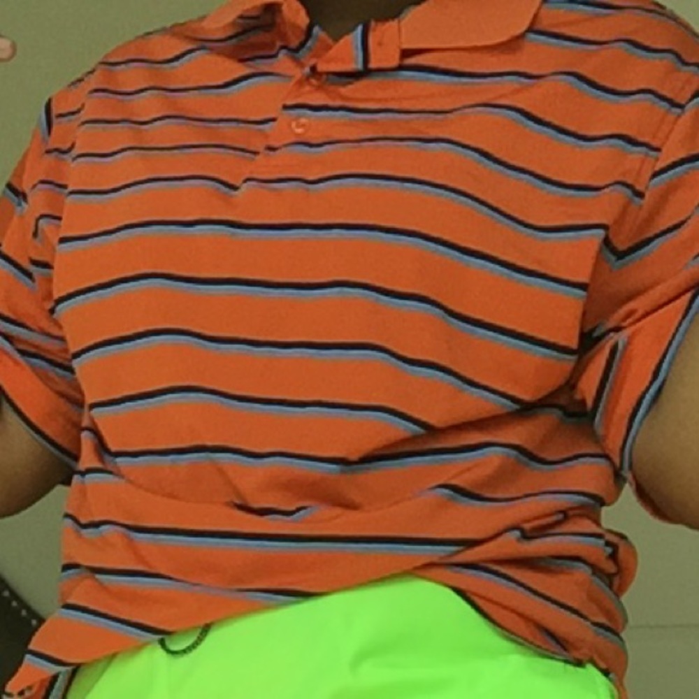 Orange collared shirt with blue stripes